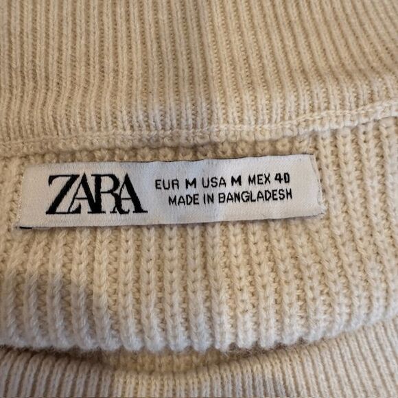 ZARA Men's Rib Knit Raglan Sweater Cream Crew Neck Size Medium - Picture 4 of 9